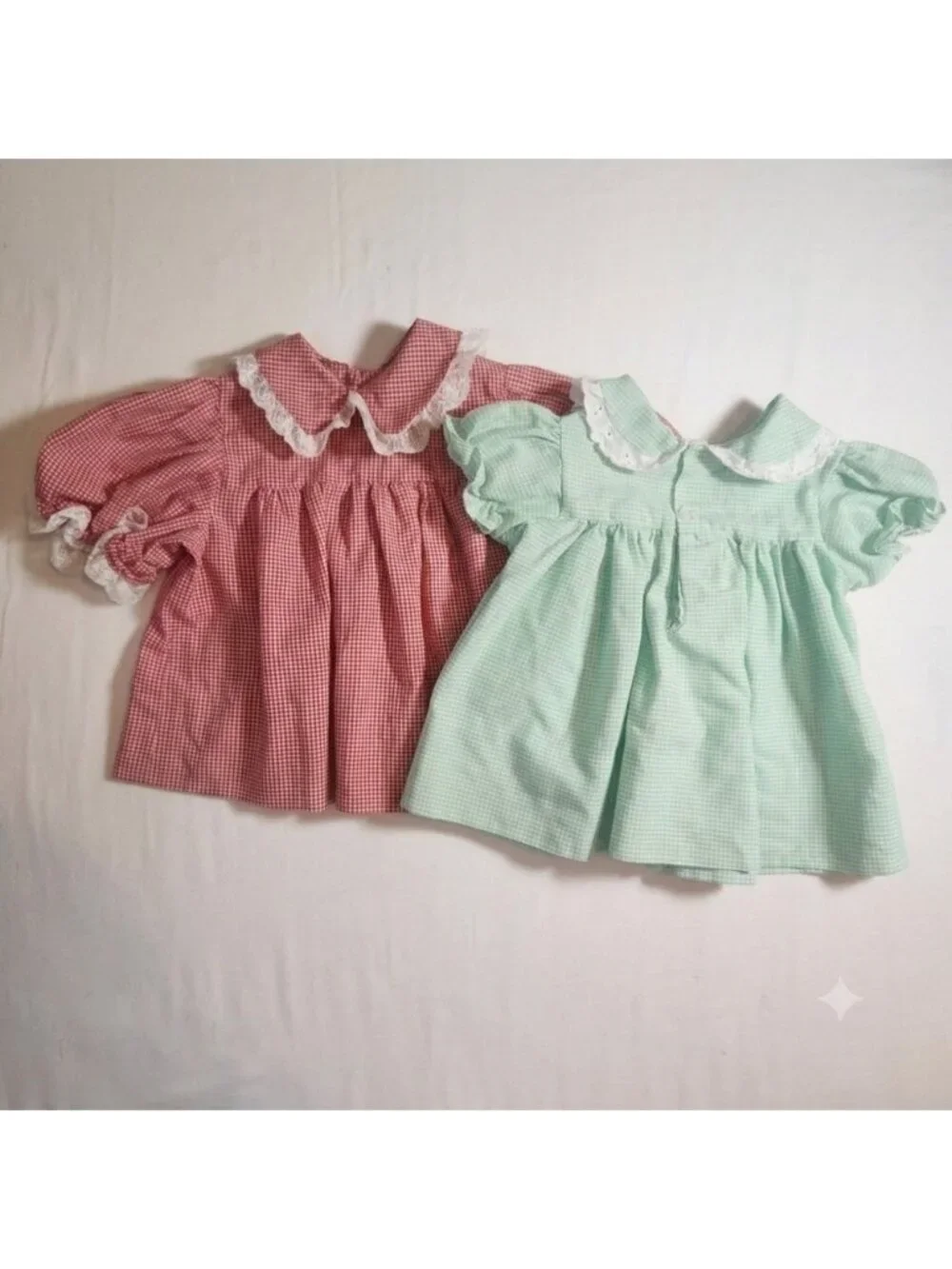 Vintage Handmade Gingham Baby Dress Set fit 6m-2y Lace peter pan collar 2pc